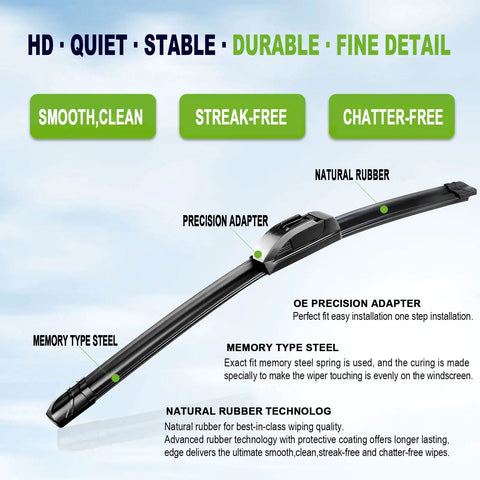 Straight Up Premium All Season Windshield Wiper Blades 22 Inch And 22 Inch Pair U J Hook Fitment showing natural rubber and precision adapter.