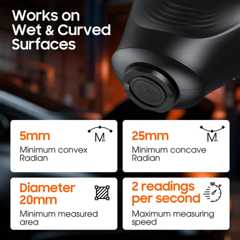 Close-up of digital paint thickness gauge showing specifications for measuring convex and concave surfaces.