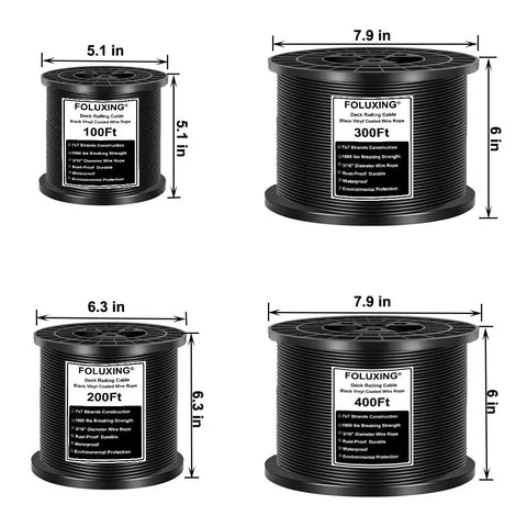 Heavy Duty 200Ft Black Vinyl Coated Wire Rope 3/16 Inch Thick Aircraft Cable for Deck Railing and DIY Projects.