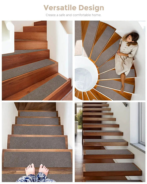 Non Slip Stair Treads 14 Pack For Indoor Wooden And Tile Steps, Easy Removal Safety Mats in grey on stairs