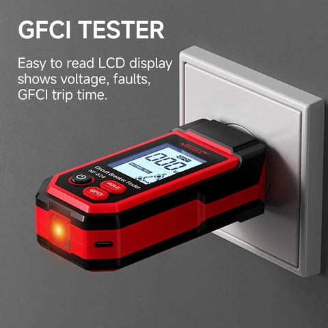 Rechargeable Circuit Breaker Finder With LCD Display And GFCI Outlet Tester showing voltage plugged into outlet