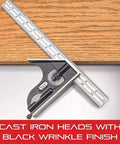 Metal 6 Inch Combination Square With Center Head And Square Head Hardened Steel Cast Iron Construction on wooden surface