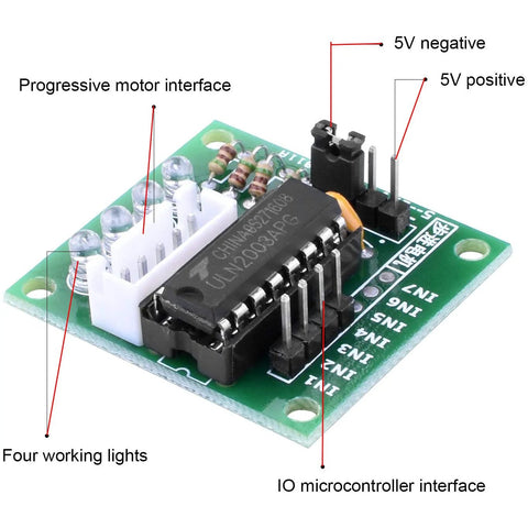 Front view of DaFuRui 28BYJ-48 ULN2003 stepper motor driver board, 5V, with white header connector
