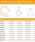 Copper Washers Kit 228-Piece Set Must-Have 10 Sizes M5 M6 M8 M10 M12 M14 M16 Flat And Sealing chart with dimensions