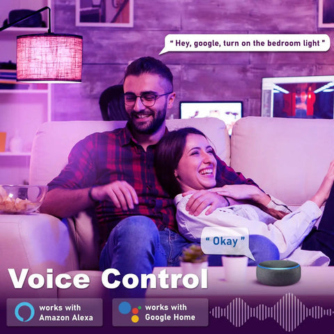 Couple using Color Changing Smart A15 LED Bulb With Dimmable WiFi Control in living room, compatible with Alexa and Google Assistant.