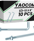 Galvanized J Bolt Anchor Set, 10 Pieces With Nuts And Washers, Concrete Fasteners For Foundation Walls, Slabs And Brick Projects, Gray Finish, 1/2-13 By 8 Inches, Durable Post And Sill Anchors For Outdoor And Indoor Construction displayed on packaging with bolts shown.