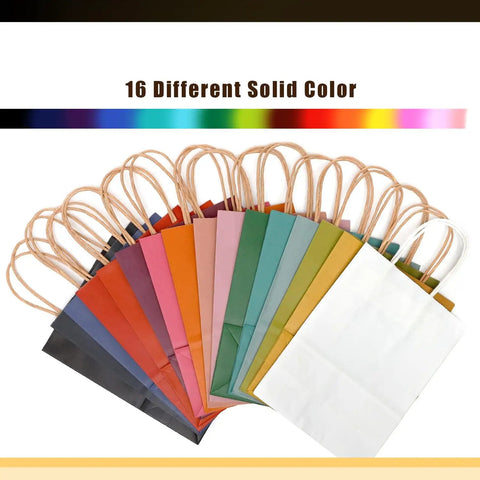 16 colorful paper bags with handles in rainbow colors, part of 32 Pack Paper Bags With Handles Bulk 8.26x6x3.15 Inch Small Gift Bags
