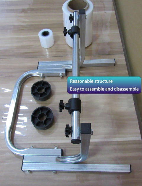 Heavy Duty All Metal Roll Holder Dispenser For Bubble Wrap Stretch Film And Foam Commercial Packing Stand with steel frame and roll.