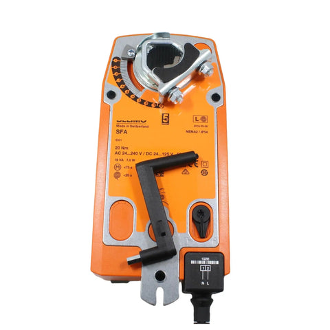 Kickin Performance Compact Damper Actuator Valve Controller For Industrial Ventilation With Dead Simple Install 20 Nm Torque AC Voltage Compatibility Smooth Operation No Hassle Flow Control For Heavy Duty Manufacturing Sites top view of orange actuator with installation bracket