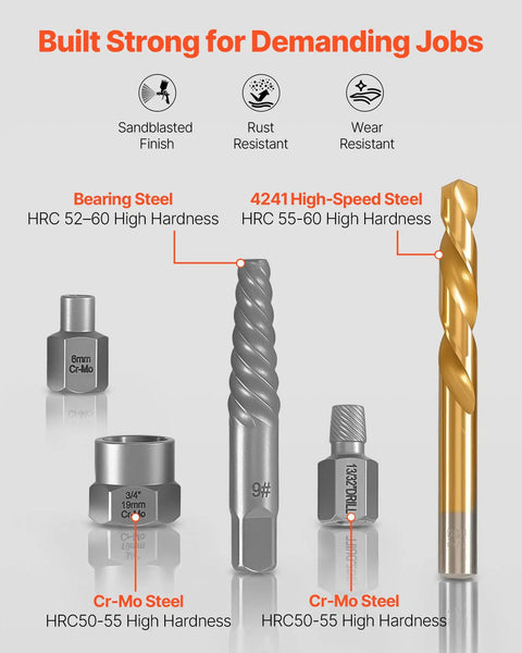 Grab And Go Heavy Duty 54 Piece Screw Extractor Set With Metric And Sae Bolt Nut Extractors Spiral Drill Bits Adapters showing materials and hardness.