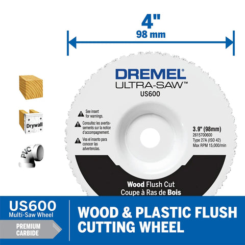 Ultra-Saw 4 Inch Wood Flush Cut Wheel For Baseboards And Trim, Diamond Carbide Wheel, 4 inch size shown with material icons