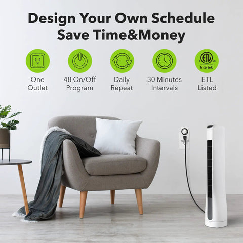 Living room with sofa, fan, and BND60 U47 Indoor Mini 24 Hour Mechanical Outlet Timer 3 Prong 2 Pack Ideal For Lamps.