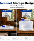Collapsible Water Container With Spigot And Foldable Accordion Design, shown collapsed and expanded for space-saving storage
