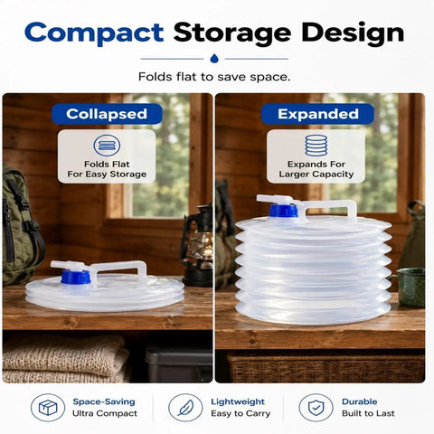 Collapsible Water Container With Spigot And Foldable Accordion Design, shown collapsed and expanded for space-saving storage