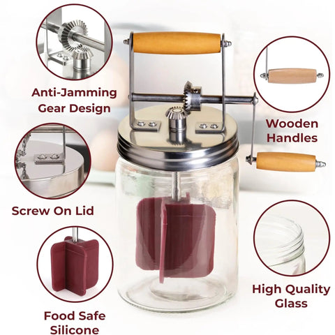 Hand Crank Butter Churner Mason Jar With Ceramic Crocks And Super Easy Old Fashioned Creamery Kit For Making Straight Up Real Homemade Butter. Features anti-jamming gear, wooden handles, and food-safe silicone.