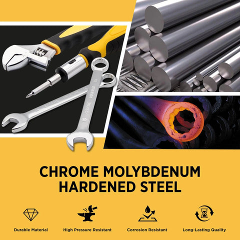 Image showing screwdrivers, wrenches, and chrome molybdenum steel rods showcasing durability and strength for Must-Have 237-Piece Tool Kit.