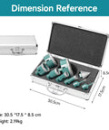 9-piece diamond core drill bit set with teal-green bits in a metal storage case for tile, granite, marble.