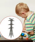 Cool 1/200 Scale Electric Transmission Tower Model Kit With Realistic Details, 17.4cm high, assembled by child with building blocks.