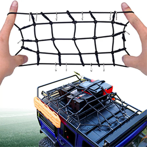 Person holding luggage net for 10 Piece RC Crawler Roof Rack Gear Kit With Luggage Net Fishing Box Oil Drum Shovel Antennas