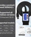 OBD2 Diagnostic Adapter With ELM327 Core, VINTScan System, USB connector, product info pamphlet on compatibility features