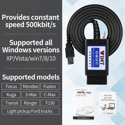 OBD2 Diagnostic Adapter With ELM327 Core, VINTScan System, USB connector, product info pamphlet on compatibility features