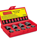 Bolt Extractor Set 9-Piece Fractional With Reverse Spiral Flutes in open red case showing various extractor sizes.