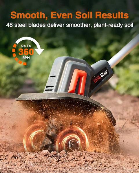 Powerful Cordless Tiller Cultivator For Gardening With 360 RPM Electric Motor breaking soil with 48 steel tines