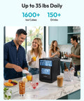 Countertop Crescent Ice Maker Slings Sixteen Chill Cubes In Twelve Minutes On Timer with drinks and ice on a marble counter.