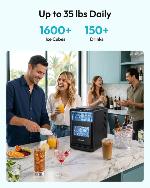 Countertop Crescent Ice Maker Slings Sixteen Chill Cubes In Twelve Minutes On Timer with drinks and ice on a marble counter.