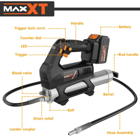 Cordless Heavy Equipment Grease Gun With 20000 PSI Output 20V Power 4.0Ah Battery And Quick Charger 40 Inch Hose LED Light And 6 Speed Settings For Pro Level Lubrication Beast Mode showing labeled parts