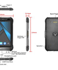 Bombproof 8 Inch Rugged Tablet Running Android 13 Industrial Workhorse with IP65 Waterproof Defense, showing ports and camera.