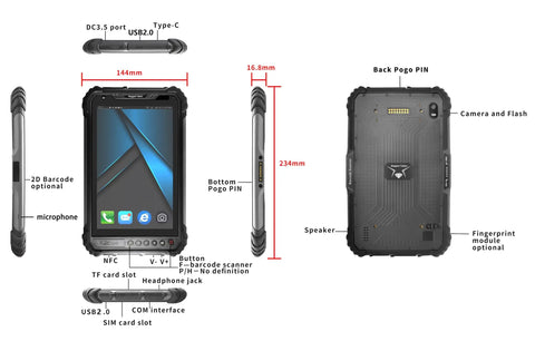 Bombproof 8 Inch Rugged Tablet Running Android 13 Industrial Workhorse with IP65 Waterproof Defense, showing ports and camera.