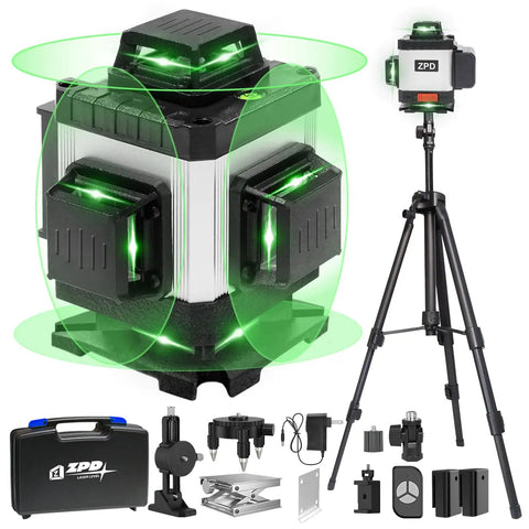 Green Laser Level Pro Grade Kit With Tripod And Accessories, 16 Line 360 Self Leveling Laser System For Construction And Home Renovation, Picture Hanging, Remote Control, Wall Bracket, Carry Case Included