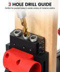 Close-up of Pro Grade Pocket Hole Jig System With Portable Base Adjustable Metal Pocket Screw Jig And Top Notch Professional Drill Guide Kit XK4 showcasing drill bit in action.
