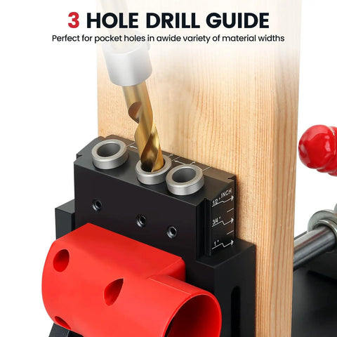 Close-up of Pro Grade Pocket Hole Jig System With Portable Base Adjustable Metal Pocket Screw Jig And Top Notch Professional Drill Guide Kit XK4 showcasing drill bit in action.