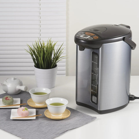 Micom Water Boiler And Warmer With 4 Liter Capacity 135 Oz Silver Finish Micro Computerized Temperature Control on a countertop