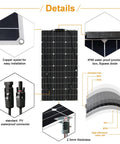 Details of 10 Pack Flexible Monocrystalline Solar Panels 100 Watts Each with junction box and waterproof connectors.