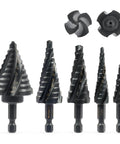 Five Piece Step Drill Bit Set With Titanium Coated HSS For Metal And Wood, Fifty Sizes, Four Spiral Flute, One Quarter Inch Hex Shank, ZELCAN