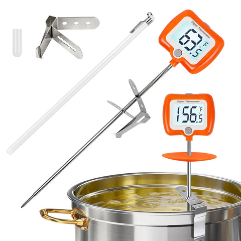 Digital Deep Fry Thermometer With Rotatable Display, 10 Inch Probe, Instant Read for Candy, Candles, and Meat, Programmable Temperature for Oil Frying, Orange Color With Pot Clip, shown measuring temperature in pot.