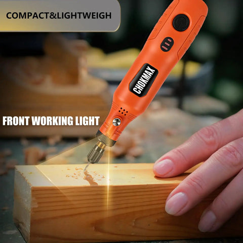 Cordless Mini Rotary Tool Kit With 3.7V Li-ion Battery in use, engraving wood block, showing front working light and compact design