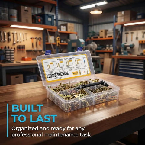 Open box of All In One 420 Piece Drywall Anchors Kit with self drilling metal plugs on a workbench