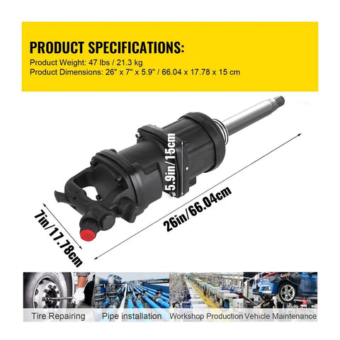 Heavy Duty One Inch Air Impact Wrench Twin Hammer Pneumatic Torque Gun 5800 Nm 3400 Bpm dimensions 26" x 7" x 5.9"