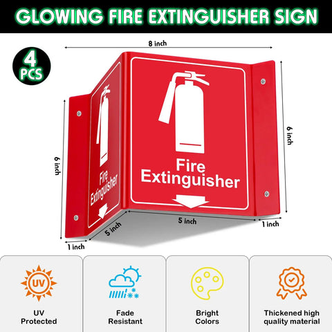 4 Pack Glow In The Dark Fire Extinguisher Projecting Signs Solid Acrylic Emergency Markers With No Fuss Mounting Kits For Knockout Nighttime Visibility And Worry Free Compliance