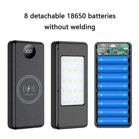 Heavy Duty 8 Bay 18650 Battery Charger Case With Live Digital Display And Usb Pd Fast Charging showing 8 removable batteries and display.