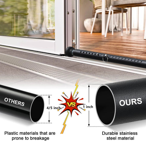 Adjustable Patio Door Security Bar For Sliding Glass Doors 17.5 To 50 Inch Heavy Duty Indoor Window Lock Bar Black Finish Supports Up To 400 Pounds Ideal For Home Apartments Bedrooms shown installed on sliding door track with material comparison.