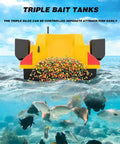 Glow In The Dark RC Bait Boat With GPS Autopilot, visible triple bait tanks filled, underwater view of fish attraction.