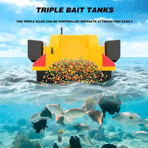 Glow In The Dark RC Bait Boat With GPS Autopilot, visible triple bait tanks filled, underwater view of fish attraction.