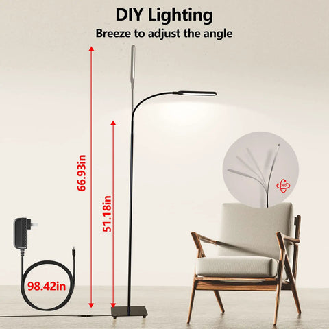 LED Floor Lamp Tall Standing Light With 4 Brightness Levels And 4 Color Temperatures Dope Gooseneck, Touch Control, Dimensions Illustration