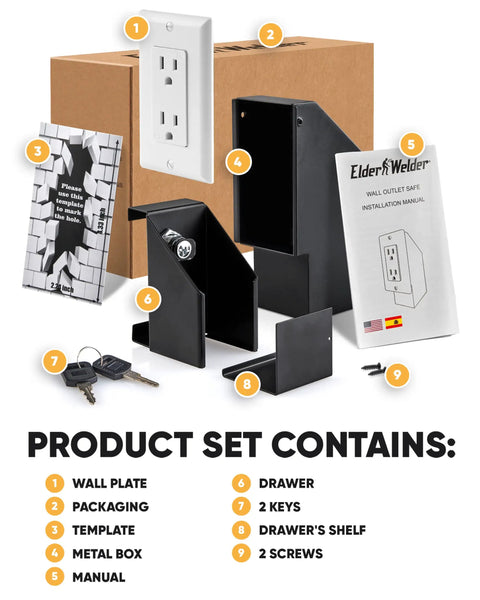 Electrical Outlet Hidden Wall Safe With Real Wall Plate Included set with components like manual, keys, and installation parts.