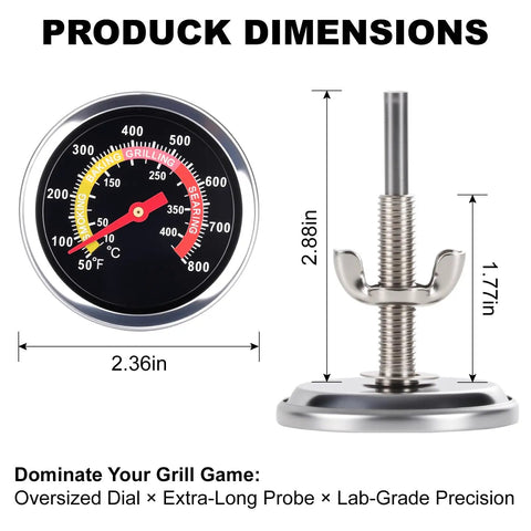 Dimensions of Grill Thermometer Built For Real Grilling With Two And Three Eighths Inch Oversized Dial And 50 To 800 Fahrenheit Range